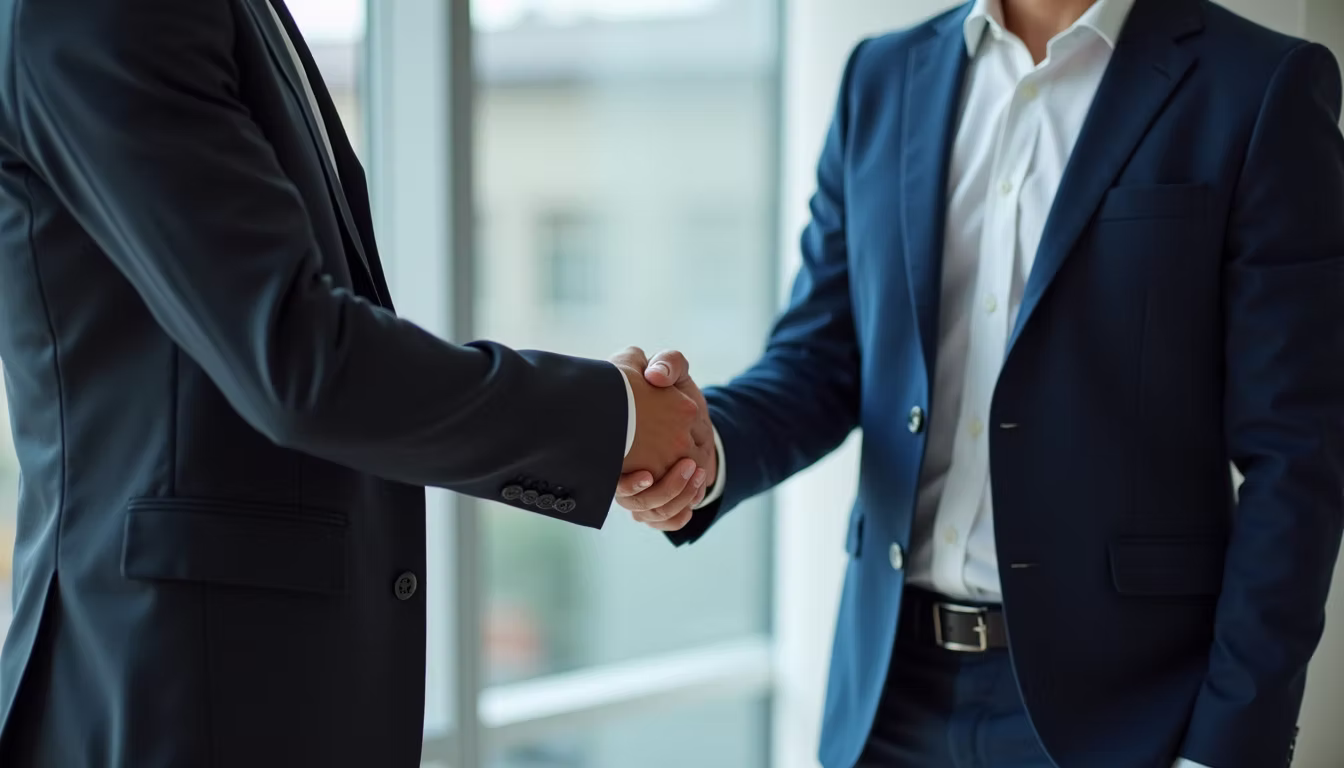 Close-up view of two professionals shaking hands in a tech startup environment